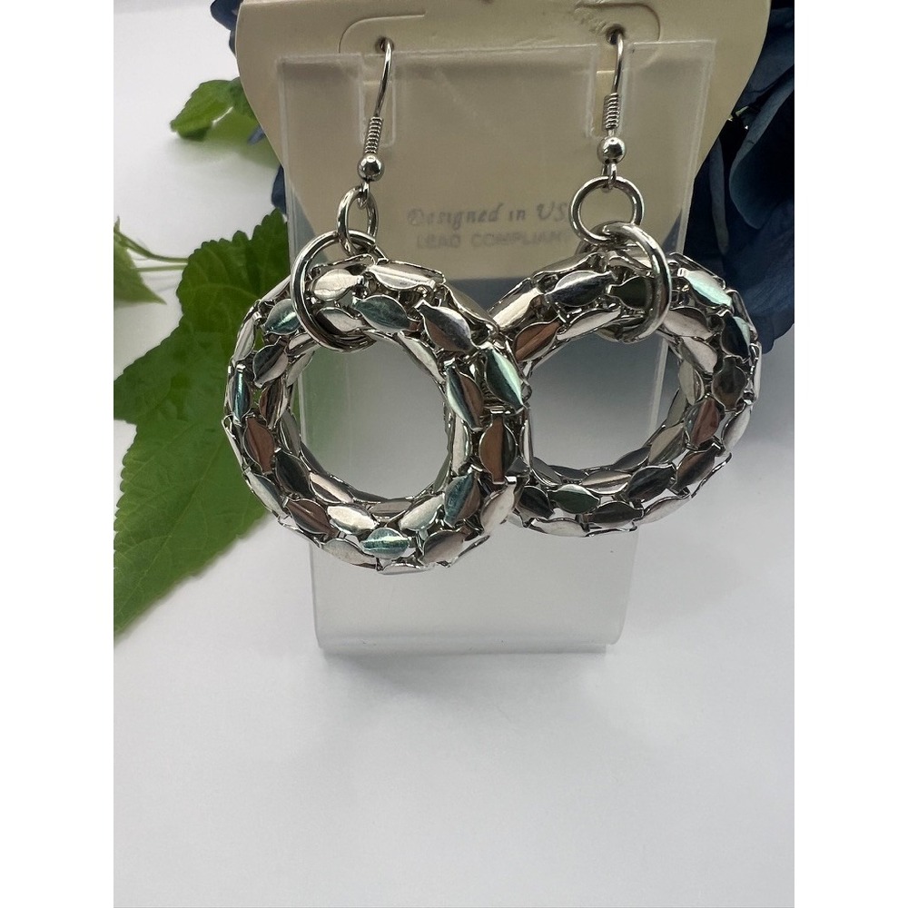 Silver Earrings Open Hoop Dangle Textured Scale Leaf Hook USA New Old Stock 1.5"